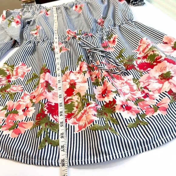 Women's Striped Floral Pattern Mini Dress Off Shoulder Size Large - Picture 14 of 15